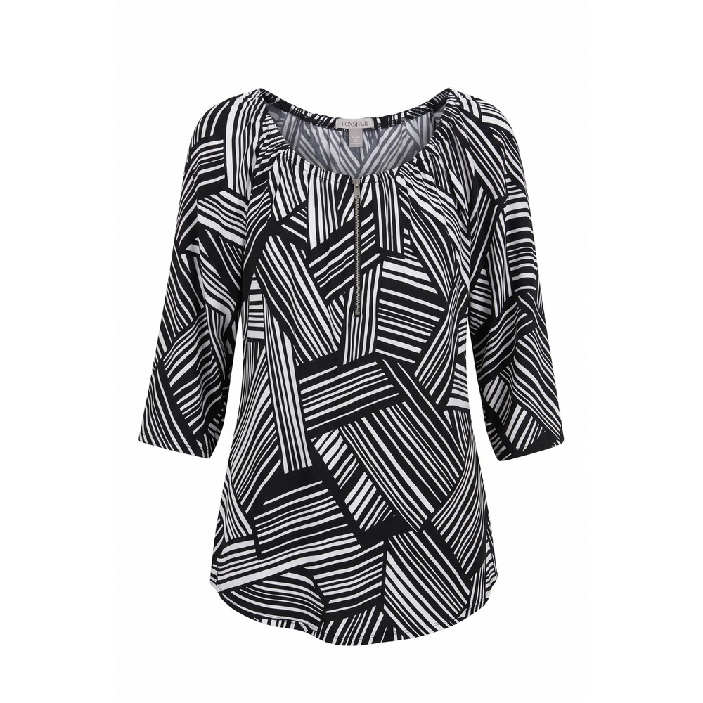 Roz & Ali Womens 1X Black White Geometric Quarter Zip 3/4 Sleeve Blouse Top